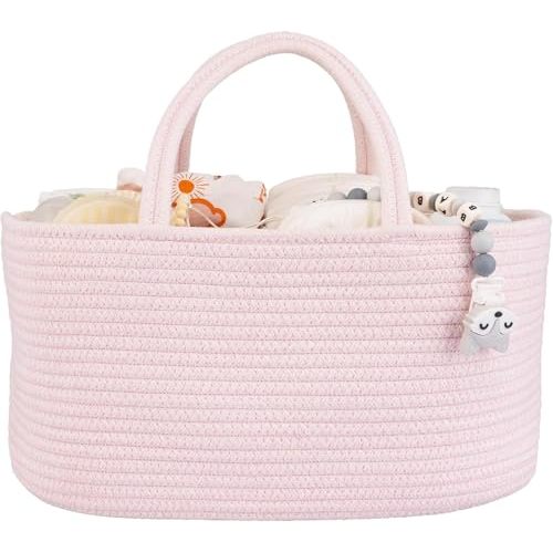 Baby Diaper Caddy Organizer for Girl Boy Rope Nursery Storage Bin Basket Portable Holder Tote Bag for Changing Table Car Travel Baby Shower Gifts Newborn Essentials Registry Must Have Items Pink