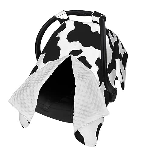 9CH Car Seat Covers for Babies, Peekaboo Opening Minky Car Seat Cover for Baby Mom Nursing Breastfeeding Covers, Winter Minky Baby Carrier Cover for Girls Boys (Cow)
