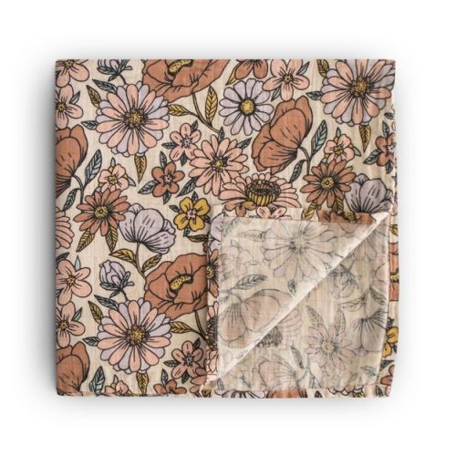 Organic Cotton Muslin Swaddle Blanket Retro Flowers One Size