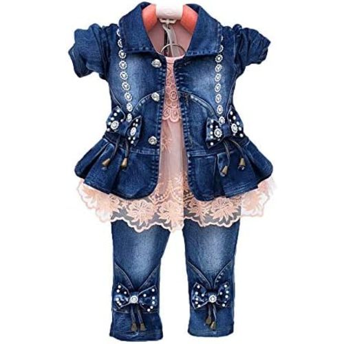 Peacolate Spring Autumn Little Girls Clothing Set 3pcs Long Sleeve T-Shirt Denim Jacket and Jeans