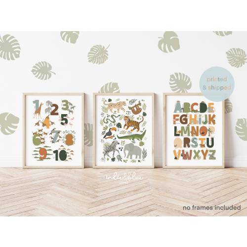 Set of 3 Safari Animals Prints, Alphabet Print, Numbers Print, Jungle Animals Print, Playroom Prints, Scandi Kids Art
