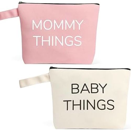 New Mom Gifts, 2PCS Mommy and Baby Canvas Pouch Set, Baby Shower Gifts for Mom To Be, Gift For Expecting Mother Keepsake Bag, New Mothers and Baby Essentials Stuff, Neutral Makeup Bag Gift Set
