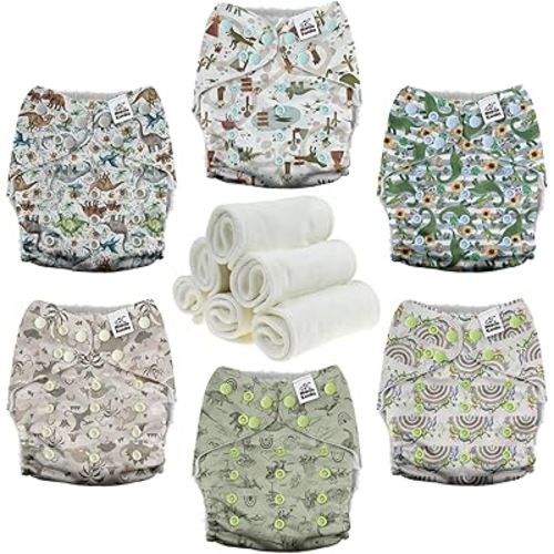 Mama Koala 3.0 Pocket Cloth Diapers for Babies with AWJ Lining, 6 Pack with 6 4-Layer Natural Cloth Diaper Inserts - Reusable and Washable Pocket Diapers(Cute Dinosaurs)