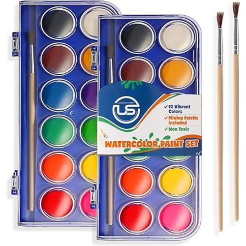 2 Pack Watercolor Paint Set 12 Vivid Colors Includes Watercolour Mixing Palette and 2 Brushes, Perfect For Artists, Beginner Painters, Kids and Adult Painting
