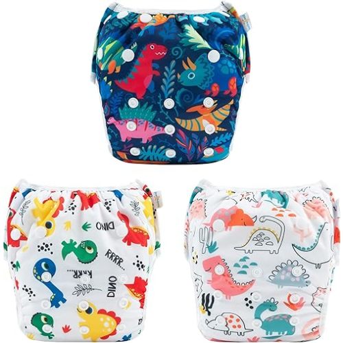 Babygoal Baby Swim Diapers 3 Pack for 0-8 Months Infant Girls and Boys, Reusable Adjustable Washable for Swimming Lessons-Dinosaurs