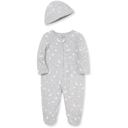 Little Me Gender Neutral Clothes for Baby 2-Piece 100% Cotton Scratch-Free Tag Footie Sleeper and Cap Sets, Preemie to 9M