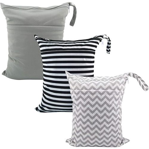 ALVABABY 3pcs Baby Cloth Diaper Wet Dry Bags Waterproof Reusable with Two Pockets Travel Beach Pool Daycare Soiled Baby Items Yoga Gym Bag for Swimsuits or Wet Clothes M Size 3L-ZM01