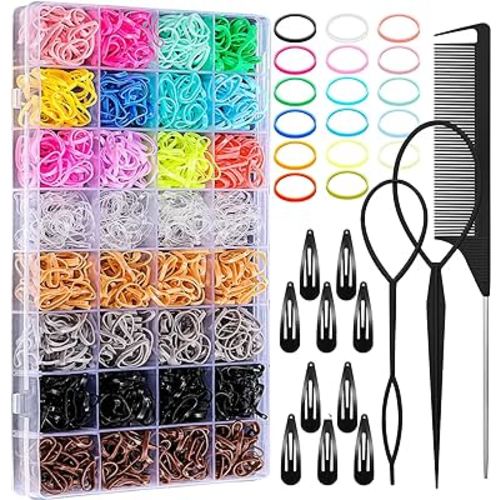 Hair Ties, 17 Colors Elastic Hair Rubber Bands, 2000 Pcs Baby Hair Ties with Hair Styling Tools Organizer Box for Girls, Women, Toddler