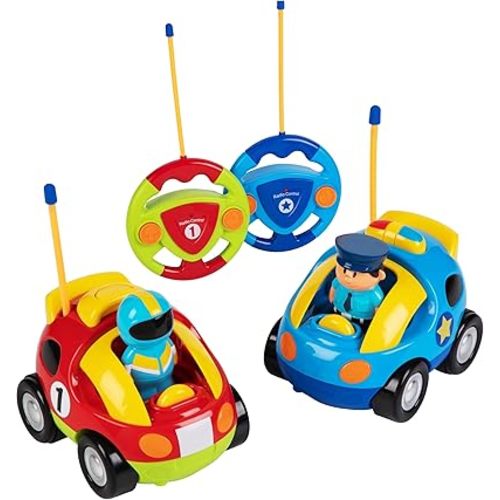 PREXTEX Cartoon Remote Control Car - 2-Pack Police and Race Car Toddler Toys - RC Cars for Kids with Different Frequencies - Easy Remote Control Toy and Thoughtful Gifts for Boys and Girls