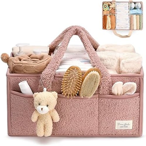 Baby Nappy Caddy Portable Storage Basket for Diapers and Wipes,Car Caddy Organizer,Nursery Diaper Organizer (pink)