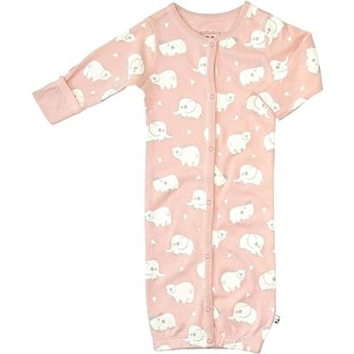 Babysoy Organic Gown - Long Sleeve Newborn Sleep Sack with Mittens (Animal Peony, 0-3 Months)