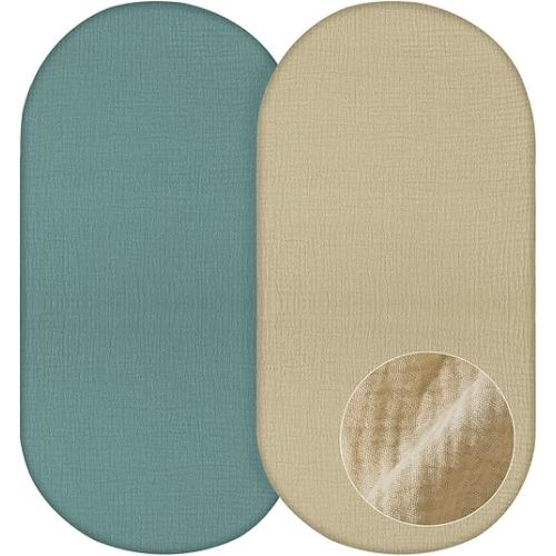 Basumee Baby Bassinet Sheets 2 Pack Muslin Bassinet Mattress Sheets for Boys Girls Soft Breathable Bedside Bassinet Fitted Sheet with Bottom Elastic Band 33''x17''x4'' Fit for Rectangle Oval Hourglass