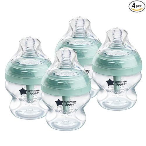 Tommee Tippee Advanced Anti-Colic 5 oz BPA Free Baby Bottles, Newborn 0+ Months, Slow Flow Breast-Like Nipple, Unique Design Keeps Air Away from Milk and Baby, Clear, Pack of 4