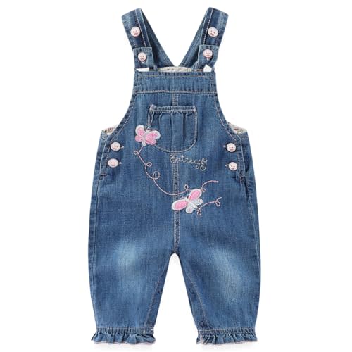 Peacolate 3Months-3Years Baby Girls Denim Overalls Embroidery Butterfly Bib Pants Jeans Jumpsuit