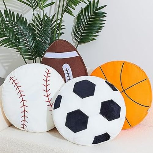 Juexica 4 Pcs Sports Throw Pillows Fluffy Stuffed Soccer Basketball Baseball Pillow Plush Toy Sport Cushion for Room Decor Birthday Present(Large,Fabric)