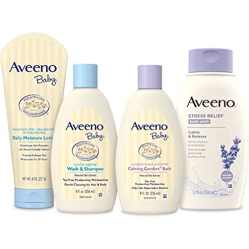 Aveeno Baby Mommy & Me Daily Bathtime Gift Set including Baby Wash & Shampoo, Calming Baby Bath & Wash, Baby Moisturizing Lotion & Stress Relief Body Wash for Mom, Soap-Free, 4 items