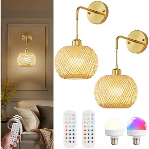 Gold Battery Operated Wall Sconces Set of 2 with Remote, Rechargeable Rattan Battery Powered Wall Lights/Lamps, Wireless Boho Lighting Fixtures for Bedroom Farmhouse, 15 Colors Dimmable