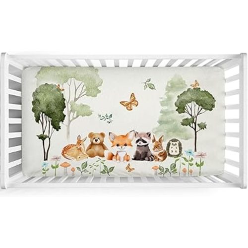 Woodland Animals Forest Baby Crib Sheets 52''x28'' Bear Raccoon Fox Deer Rabbit Hedgehog Stretchy Fitted Crib Mattress Sheet for Boy Girl Soft Nursery Bed Sheets for Standard Crib Toddler Mattress