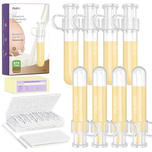 Nuliie Colostrum Collector Kit 7ml/8pcs, Leakproof, Reusable Breast Milk Collector, Heat & Freezer Resistant, BPA-Free, With Cotton Cloth Wipe, Storage Case, Cleaning Brush - Ready-to-Use for Newborns