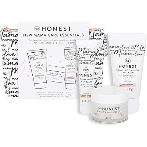 The Honest Company New Mama Care Essentials Gift Set | Hospital Bag Must Haves | Travel Size Nip Balm (0.5 oz), Glow On Body Cream (1 oz), Gotta Glow Face Wash (1.75 fl oz), Reusable Pouch