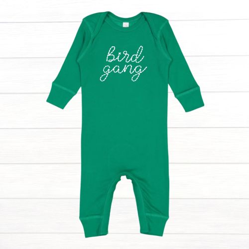 Bird Gang Faux Stitched Lettering Long Sleeve Bodysuit Coverall Philadelphia Eagles Green | Gender Neutral | Philly