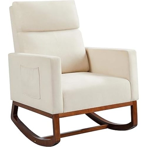 Yaheetech Rocking Living Room Chair, Upholstered Glider Chair with Side Pocket, Modern Accent Chair with High Back Comfy Armchair for Living Room Bedroom Lounge Nursery, Beige
