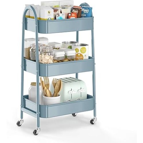 EAGMAK 3 Tier Utility Rolling Cart, Metal Storage Cart with Handle and Lockable Wheels, Multifunctional Storage Organizer Trolley with Mesh Baskets for Kitchen, Living Room, Office, Garage (Blue)