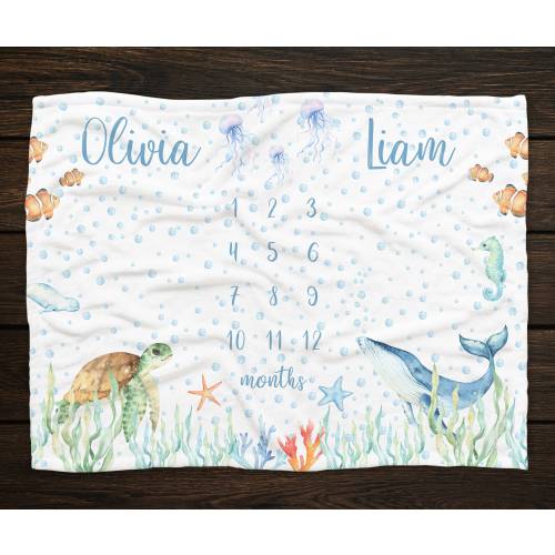 Ocean Twins Milestone Blanket, Personalized Whale Turtle Fish Twin Month Blanket, Under the Sea Blanket For Twins, Twins Baby Shower Gift