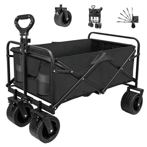 SZHLUX Collapsible Foldable Wagon,Beach Wagon with Big Wheels for Sand,Utility Grocery Wagon with Side Pocket and Brakes for Camping Sports Outdoor Activities