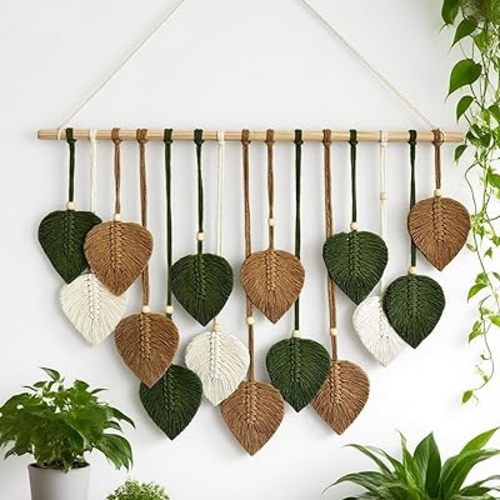 MSFENG Wall Hanging Decor Leaves Tapestry Boho Wall Decor Woven Feather Handmade Yarn Tassels Woven Wall Art Decorations for Nursery, Bedroom, Living Room, Apartment Home Backdrop (DeepGreen-M)
