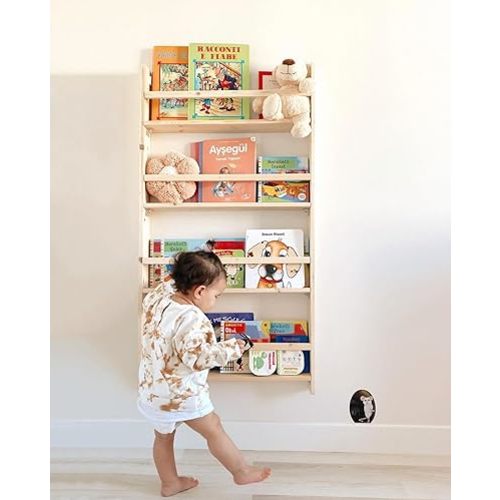 Handmade Solidwood Wall Mounted Montessori Kids Bookshelf, 4 Tier Book Display for Children Bedroom, Nursery Furniture Bookcase, Solid Wood Pine Tree Book Organiser for Living Room (Natural)
