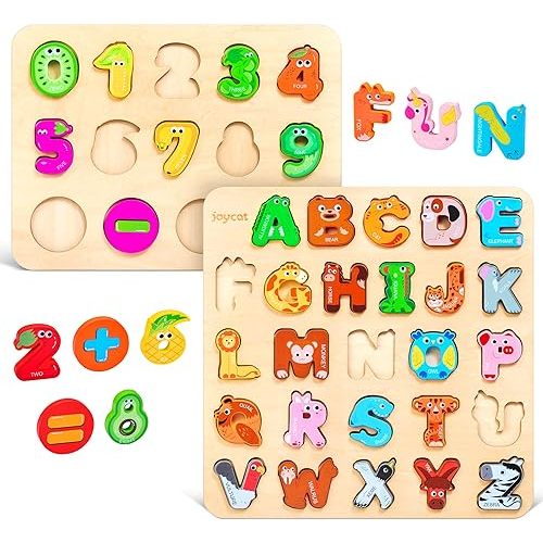 JoyCat Wooden Alphabet & Number Puzzles for Toddlers 1-3, Animal Fruit Vegetable Montessori ABC Learning Toy, Gifts for 1 2 3 4 5 Year Old Boy Girl, Preschool Learning Activities