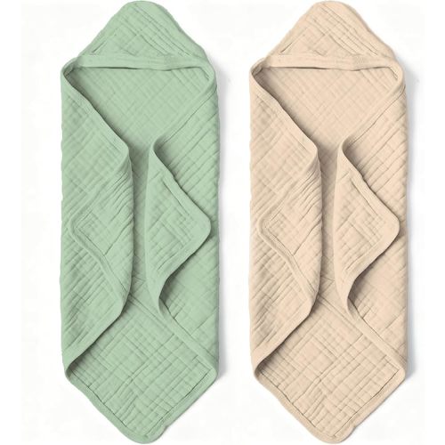 Organic Muslin Hooded Baby Bath Towels - 2 Pack 100% Organic Cotton Towel for Babies, Infants, Toddlers - 32x32Inch - Highly Absorbent and Newborn Essential(Brown Green)