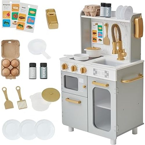 Teamson Kids Little Chef Memphis Small Wooden Play Kitchen with Interactive, Realistic Features, and 16 Kitchen Accessories - for 3yrs and up, Pretend Play House, Restaurant - Gray/Gold/Faux Marble