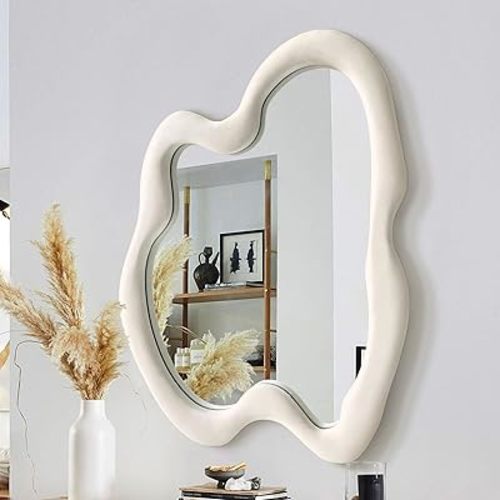 Irregular Wall Mirror Asymmetrical Mirror, White Wavy Mirror with Flannel Frame, Decorative Wall Mirror for Bedroom, Livingroom, Entryway, 24"x 32"
