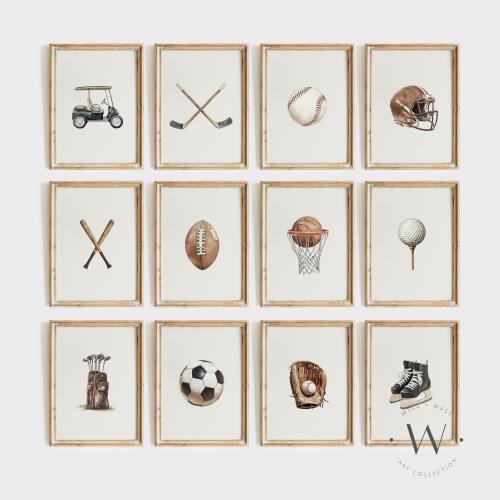 Sports Prints Set of 12 | Vintage Style Illustrations | Baseball, Football, Golf, Hockey, Basketball, Soccer | Boys Room Nursery Art | PS158