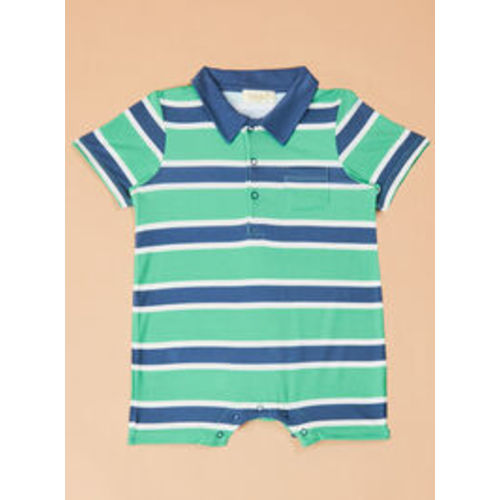 Clark Striped Polo Romper in Green & Blue | Tullabee