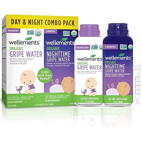 Wellements Organic Gripe Water for Babies Day & Night Combo Pack (4 Fl Oz) - Infant Gripe Water Newborn Calms Occasional Stomach Discomfort from Baby Gas, Colic, Hiccups & Fussiness - USDA Certified