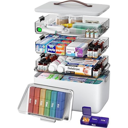 CTIME 4-Tier XL Medicine Organizer with Leather Handle - Portable Pill Case & Empty First Aid Kit for Home, Travel, RV, School, Dorm | Ideal Elderly Gift