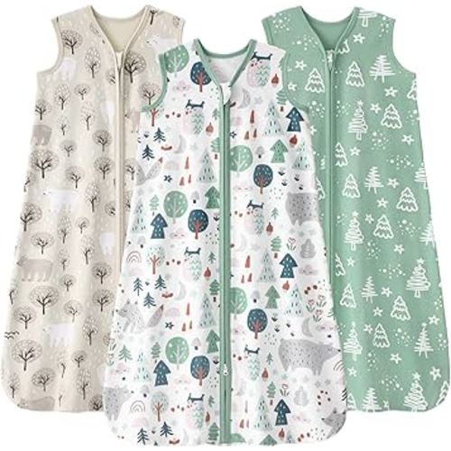 Baby Sleep Sack 0-6 months, 100% Cotton Sleeping Sack for Newborn and Infant, 3 Pack Baby Wearable Blanket for Boy and Girl, 0.5 Tog Lightweight Double Zipper Sleep Bag Green Apricot Bear