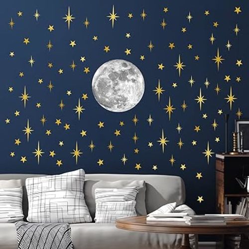 Moon and Stars Wall Decal Moon Wall Sticker Gold Star Decals Peel and Stick Wall Stickers Mural for Kids Baby Room Nursery Wall Decor Vinyl Star for Ceiling Wall Decals for Bedroom Playroom Decoration