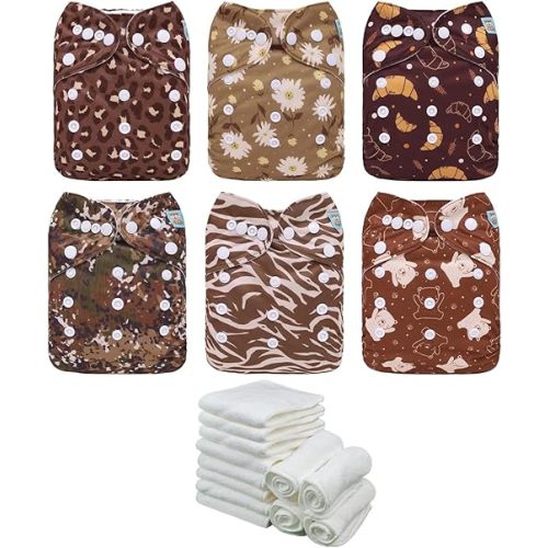 ALVABABY Baby Cloth Diaper 6 Packs Nappies With 12 Microfiber Inserts Reusable Washable Adjustable Diaper Cover Infant Toddler Boys Girls 6DM114-CA