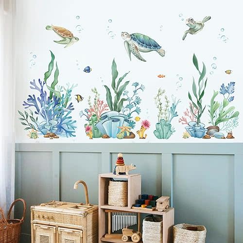 wondever Ocean Seaweed Grass Wall Stickers Turtle Under The Sea Peel and Stick Wall Art Decals for Baby Nursery Kids Bedroom Bathroom