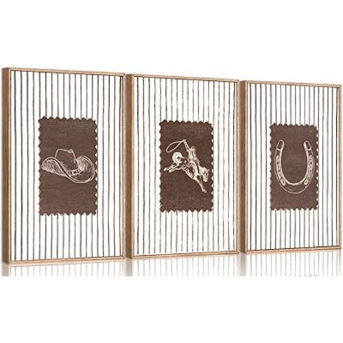 3Pcs Western Cowboy Wall Art Vintage Striped Cowboy Rodeo Wall Decor Pictures Retro Neutral Gallery Posters Prints for Boys Room Bathroom Bedroom Home Decoration Unframed 12x16in