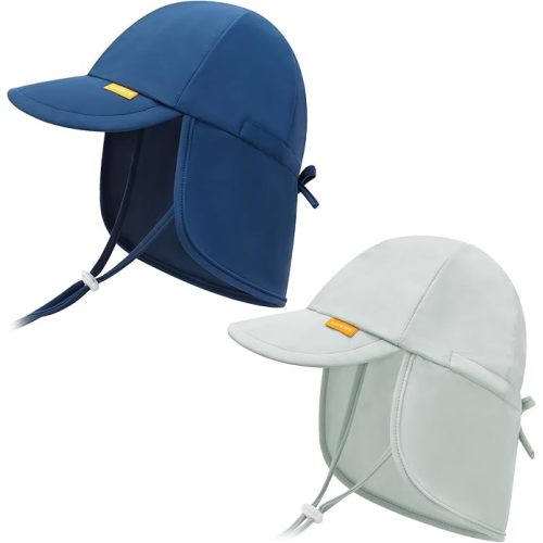 Adjustable Baby Sun Hats with UPF50+ & Neck Flap Protection (Blue + Grey)