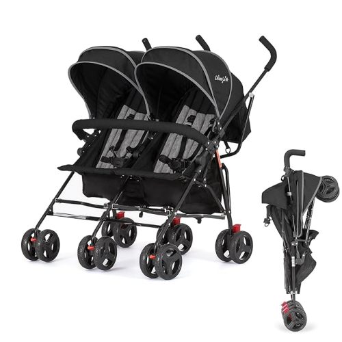 Dream On Me Volgo Twin Baby Stroller, Compact Side-by-Side Double Umbrella Stroller, 5-Point Safety Harness, Adjustable Canopy, Storage Basket & Travel-Friendly Fold, Black