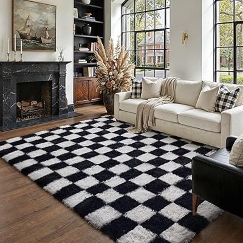Checkered Rug 5x7 for Living Room, Black and White Modern Shag Rugs Super Soft Washable Indoor Office Fuzzy Carpet Non-Slip Fluffy Rugs for Bedroom Home Aesthetic Decor