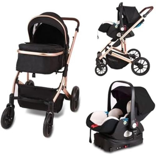 Trenana 2 in1 Baby Stroller,High Landscape Infant Stroller,Reversible Bassinet Stroller,Adjustable Backrest & Canopy,Foldable Aluminum Alloy Anti-Shock for Newborn (516-Black)