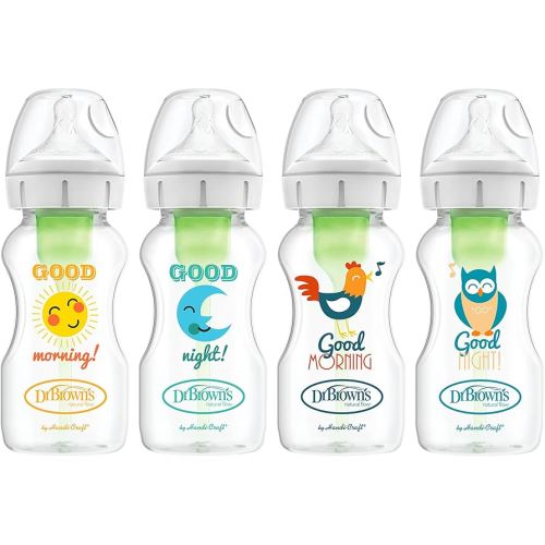 Dr. Brown's Natural Flow Anti-Colic Options+ Wide-Neck Baby Bottles, 9 oz/270 mL, with Level 1 Slow Flow Nipple, 4 Pack Good Morning/Good Night Gift Set