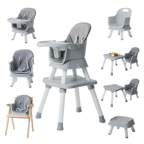 8 in 1 High Chairs for Babies and Toddlers,Convertible High Chair for Baby, Multi-Functional Children's High Chair with New Safety Design and Certifications,Chair Set with Removable Tray(Grey)